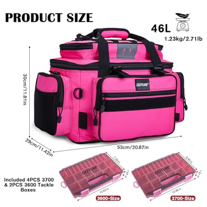 Goture Fishing Tackle Bag with 4pcs 3700 & 2pcs 3600 Tackle Boxes, 600D Water-Resistant Soft Side Saltwater Gear Storage Fishing Bag with Rod Straps, Detachable Water Bottle Pouch, Waterproof Bottom - color: C3:Pink with (4)3700&(2)3600 Tackle Boxes, size