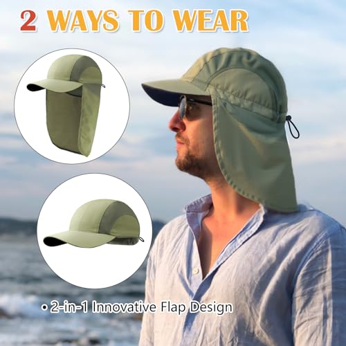 Mens Sun Hat with Breathable Mesh Sun Hats for Men Sun Protection Fishing Hat with Neck Flap for Hiking Cycling - color: Green