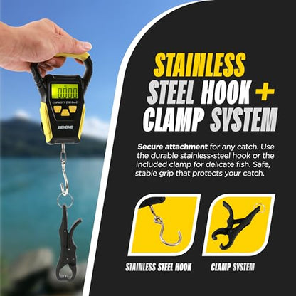 Beyond Fishing Digital Scale with Built-in Tape Measure – Weighs Up to 110lbs - LCD Display, Ounces - Pounds - Kilograms - Ergonomic Grip, Battery Powered, Portable Fish Weigher for Anglers