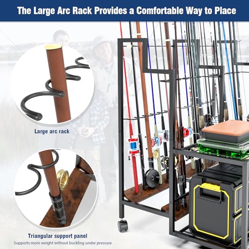 Miratino Fishing Rod Holders for Garage, 24 Rod Fishing Pole Rack Cart with Wheels, Fishing Rod Storage Organizer with Shelves, Rolling Tackle Storage Rack for Fishing Gear, Garage Basement Shed