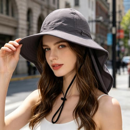 2Pack Sun Hat for Men Women with Neck Flap | UPF 50+ Wide Brim and Ponytail Hole Hiking Fishing Bucket Hat - color: 2pcs-black&gray