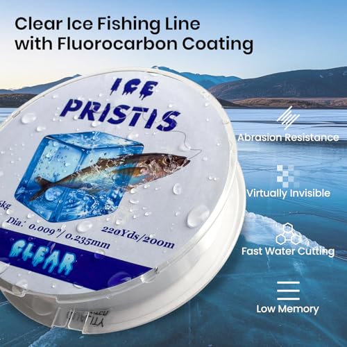 Pristis Fluorocarbon Coated Ice Fishing Line, 220 Yds Clear Abrasion Resistant Copolymer High Strength Nylon Line with Spool, Superior No Freezing Low Memory Premium Quality for Saltwater Freshwater - size: 2 LB (220 yards)