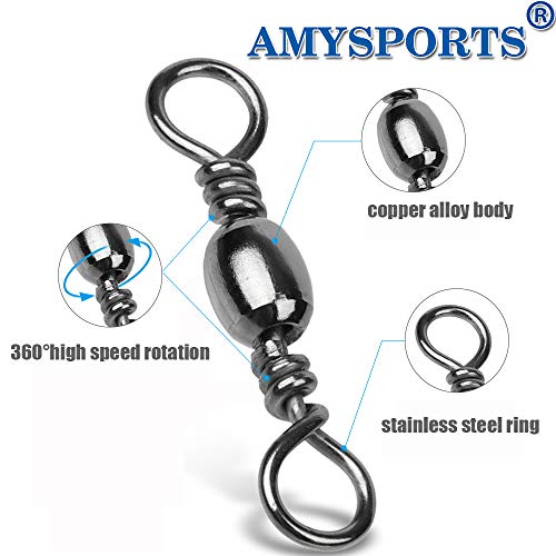 AMYSPORTS High Strength Fishing Swivels Barrel Solid Ring Barrel Fishing Swivel Rolling Fishing Tackle Line Connector Saltwater Freshwater Stainless Steel Accessories - size: Size4 (66lb) 50 pcs