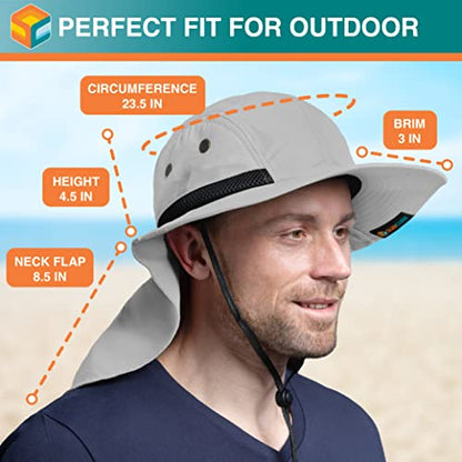 SUN CUBE UPF50+ Sun Hat for Men Women with Neck Flap, Wide Brim UV Protection Fishing Safari Hat for Hiking Beach Gardening - color: Light Gray