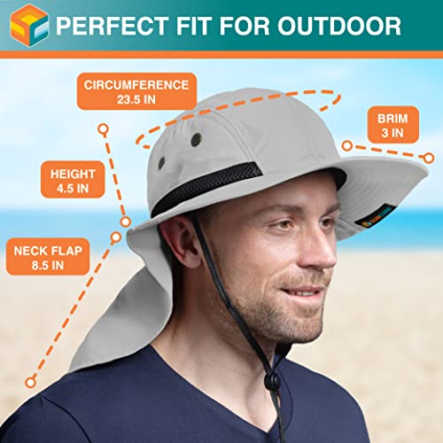 SUN CUBE UPF50+ Sun Hat for Men Women with Neck Flap, Wide Brim UV Protection Fishing Safari Hat for Hiking Beach Gardening - color: Light Gray