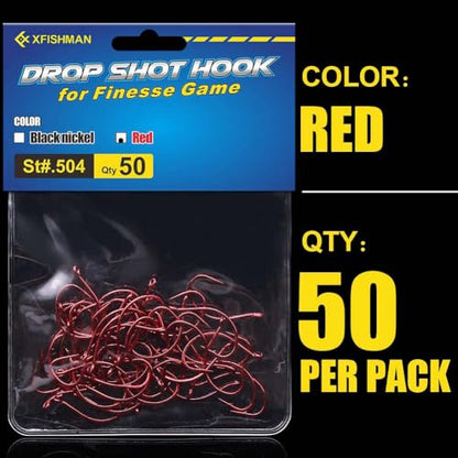 XFISHMAN Drop-Shot-Hooks-for-Bass-Fishing-Split-Shot-Dropshot-Hook-50 Pack - color: Red, size: #2