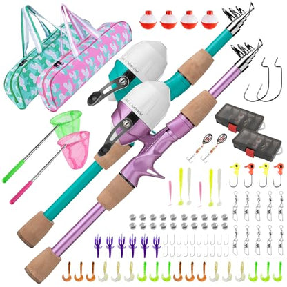 Kids Fishing Pole, Portable Telescopic Kids Fishing Poles for Boys Girls Youth, Fishing Rod and Reel Combo - color: Turquoise+Metallic Pink