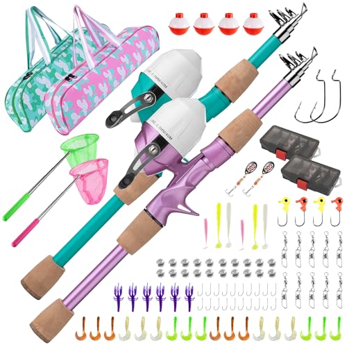 Kids Fishing Pole, Portable Telescopic Kids Fishing Poles for Boys Girls Youth, Fishing Rod and Reel Combo - color: Turquoise+Metallic Pink