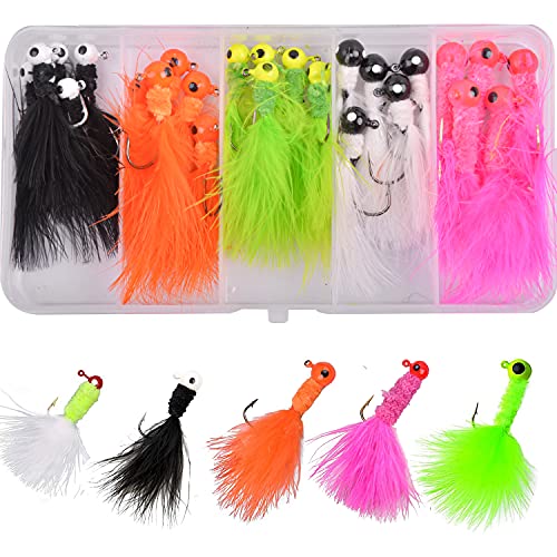 Fishing Jig Heads Crappie Jigs, 25pcs Marabou Jigs Lures Round Ball Head Jig Hooks Hair Jig Feather Fishing Lures for Bass Sunfish Trout Walleye Panfish 1/8oz 1/16oz 1/32oz - size: 3 Sizes Mixed-25pcs