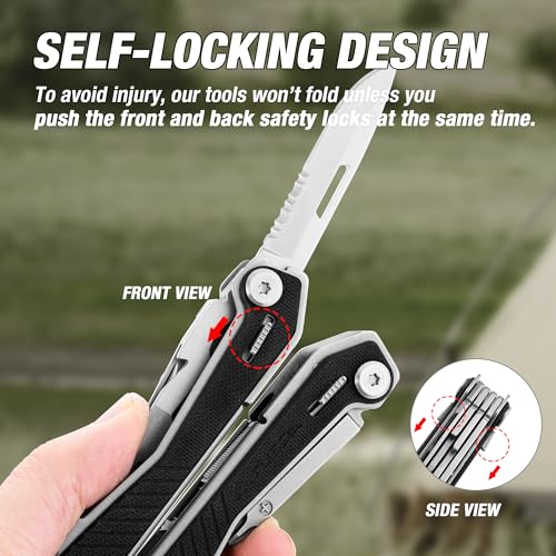 FLISSA 16-in-1 Multi Tool with G10 Handle, Gifts for Men Dad, Stainless Steel EDC Multitool with Pocket Knife, Pliers, Belt Clip and Oxford Sheath, Self-locking Utility Multi-Tool for Camping Outdoor