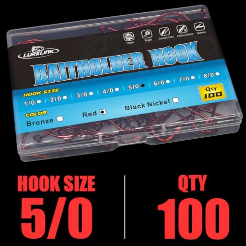 Baitholder Fishing Hooks 100 Pack - Double-Barbed Long Shank for Bluegill Bass Trout Walleye Black/Red, 8/0-#8 - color: 1-Red, size: 5/0 100-Pack
