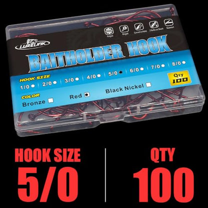 Baitholder Fishing Hooks 100 Pack - Double-Barbed Long Shank for Bluegill Bass Trout Walleye Black/Red, 8/0-#8 - color: 1-Red, size: 5/0 100-Pack
