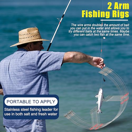 Fishing Leaders Saltwater Tackle Rig Stainless Steel Fishing Wire Leader Line with Swivels Snap Beads Pre-Tied Hi-Low Bottom Rigs for Surf Pier Trolling Fishing Tackle - style: 2 Arms-12pcs