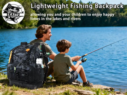 Fishing Backpack with Tackle Boxes and Rod Holder, Cooler, 30L Large Tackle Bag with Fishing Gear Lures Kit, Waterproof Bottom tackle Backpack Fish Set Gifts for Men Women-Camo Back Pack - color: Camo