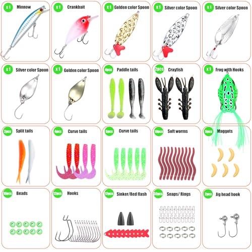 EXAURAFELIS Fishing Lures Tackle Kit, Mixed Hard & Soft Baits Metal Spoons Fishing Accessories for Bass Trout Pike Freshwater Saltwater Fishing - color: 107pcs
