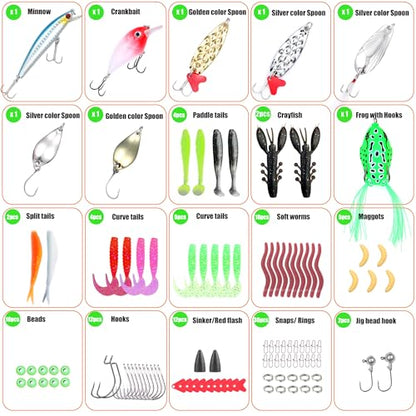 EXAURAFELIS Fishing Lures Tackle Kit, Mixed Hard & Soft Baits Metal Spoons Fishing Accessories for Bass Trout Pike Freshwater Saltwater Fishing - color: 107pcs