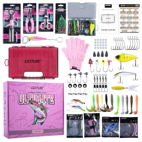 GOTURE Pink Fishing Tackle Box Set, Fishing Kit，12-in-1 Tackle Box Set with Stainless Steel Tools，Lures, Fishing Gift for Women & Beginners (Gift Ready) - color: Gift Boxed, size: Pink Tools Set + Lure Kit + CR-Gloves
