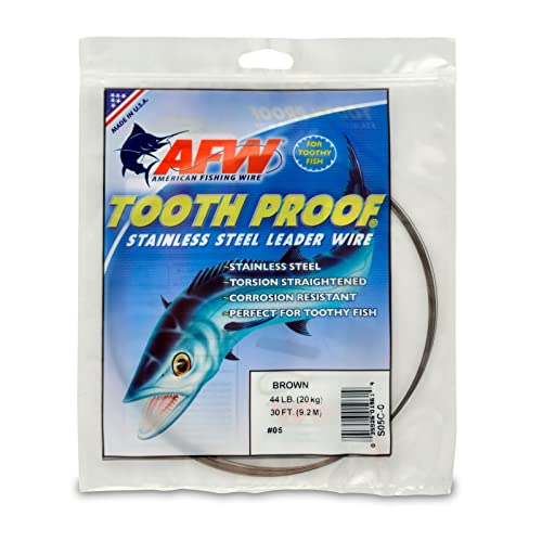 AFW Tooth Proof Stainless Steel Single Strand Hard Leader Wire - Bright and Camo for Shark, Barracuda, King Mackerel, Wahoo, Snook Bite Protection for Toothy Critters, Rigging Baits and Lures - color: Camo, style: #5, 44 Lb Test, 30 Ft