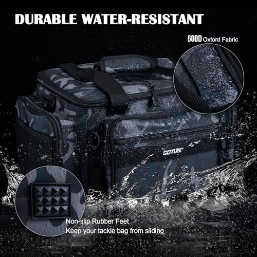 Goture Fishing Tackle Bag,Store Up to 4PCS 3700 Tackle Boxes(Not Included),600D Soft Side Water-Resistant Saltwater Gear Storage Fishing Bag with Rod Straps,Detachable Water Bottle Pouch,SBS Zippers - color: A3:Camo(Without Trays-17.72"x11.81"x9.45"), siz