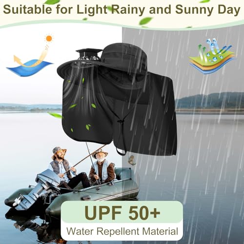 Maiteenly 2 Pcs Solar Fan Hat for Men with Neck Flap Bucket Fan Buit in Hats for Hiking Fishing Outdoor USB and Solar Powered - color: Dark Gray,black