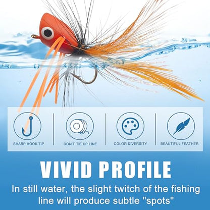 Fly Fishing Poppers Kit- 12pcs Fly Fishing Dry Flies Topwater Fishing Lures Bass Popper Flies Bugs Lures Panfish Bait Fly Trout Bobber Flies Kit for Bass Trout Crappie Panfish Bluegill Salmon