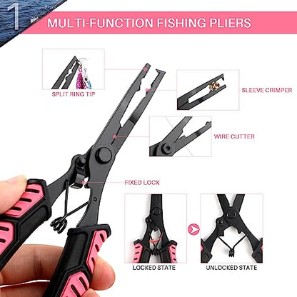 mouhike Fishing Pliers Fish Lip Gripper Fishing Tool Kit Muti-Function Saltwater Fishing Line Cutter Hook Remover with Sheath Lanyard, Fly Ice Fishing Gear Fishing Gifts for Men Women - color: Pink & Black
