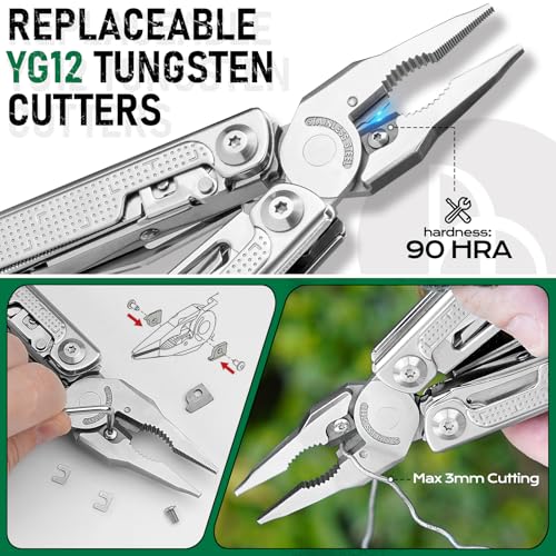 BIBURY Multitool Pliers Pro BI2049, EDC Multi Tool with 90HRA Replaceable YG12 Tungsten Wire Cutters, 440A Knife, T-Shank Wood Saw & Scissors, EDC Gear for Camping Hiking, Fathers Day Gift for Men - color: Silvery