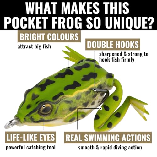 LUNKERHUNT Frog Lure for Bass Fishing | Pocket Frog Fishing Lure 1.75 Inch | Topwater Fishing Lures, Soft Hollow Body, Weedless Hooks for Trout, Pike in Saltwater and Fresh Water - style: Green Tea