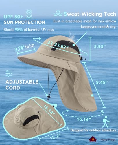 Home Prefer UPF 50+ Sun Hats for Men Women Wide Brim Fishing Hat with Neck Flap UV Protection Sunblock Safari Bucket Hat - color: Vert Khaki