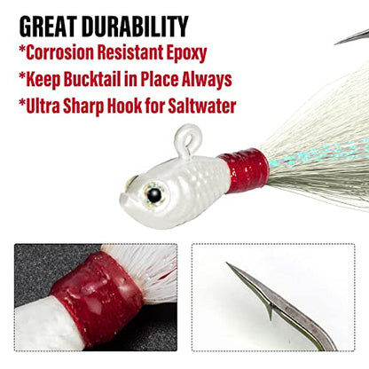 Dr.Fish 3 Pack Bucktail Jig Lure Hair Jig Saltwater Freshwater Lures Surf Fishing Bass Flounder Striper Bluefish Halibut Redfish - color: White (Pack of 3), size: 1/2 oz