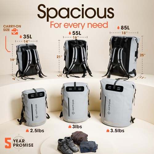 Earth Pak Waterproof Backpack - Heavy Duty Hiking Backpack - Roll-Top Closure Bag - Cushioned Dry Bag Waterproof Phone Case - color: Grey, size: 55L