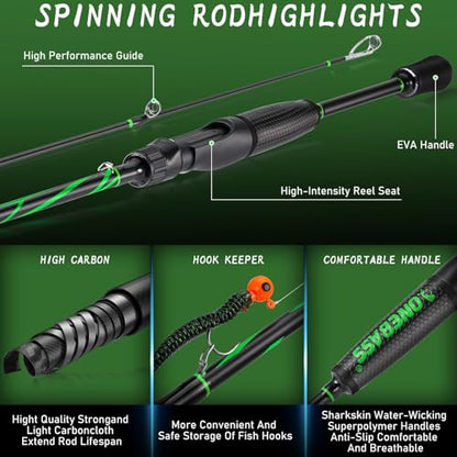 One Bass Fishing Rod Reel Combos, Spinning & Casting Combo, Graphite 2Pc Blanks, Stainless-Steel Guides, Super Polymer Handle - color: Spinning Combo-2 PACK, size: 6'0"