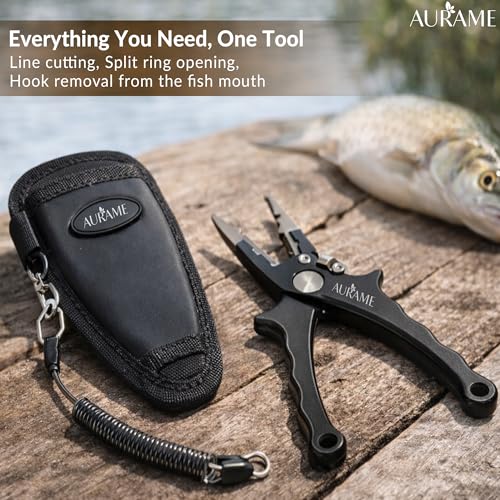 Fishing Pliers Saltwater Resistant Aluminum – Split Ring Pliers & Hook Remover Tool – 6.7in Braid Line Cutter, Sheath & Lanyard – Professional Fishing Tools Kit for Fresh & Salt Water