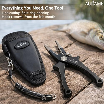 Fishing Pliers Saltwater Resistant Aluminum – Split Ring Pliers & Hook Remover Tool – 6.7in Braid Line Cutter, Sheath & Lanyard – Professional Fishing Tools Kit for Fresh & Salt Water