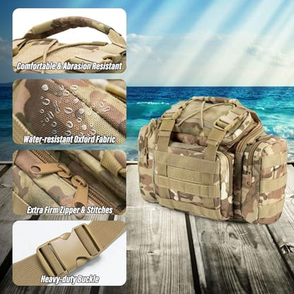 Dr.Fish Fishing Tackle Bag 5 Boxes with 60 Lures Included Loaded Stocked Tackle Box Set Spinner Lures Kit Freshwater Gear Equipment - color: Camo Bag, 11.4*4.9*7.9’'