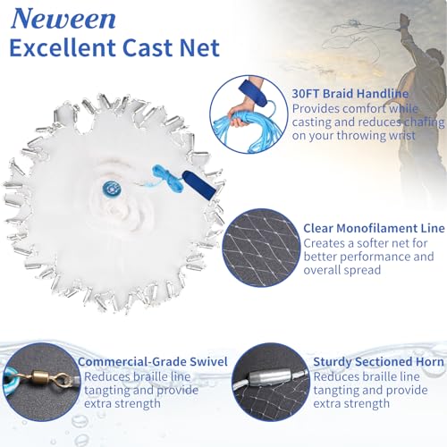 Neween Cast Net, American Saltwater Cast Nets for Fishing, 3ft-10ft Radius Casting Net for Bait Fish, 3/8 Inch Professional Grade Monofilament Throw Nets for Fishing Bait with Heavy Duty Sinker - size: 8 ft Radius, style: Monofilament Lines Cast Net