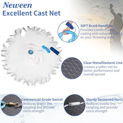 Neween Cast Net, American Saltwater Cast Nets for Fishing, 3ft-10ft Radius Casting Net for Bait Fish, 3/8 Inch Professional Grade Monofilament Throw Nets for Fishing Bait with Heavy Duty Sinker - size: 8 ft Radius, style: Monofilament Lines Cast Net