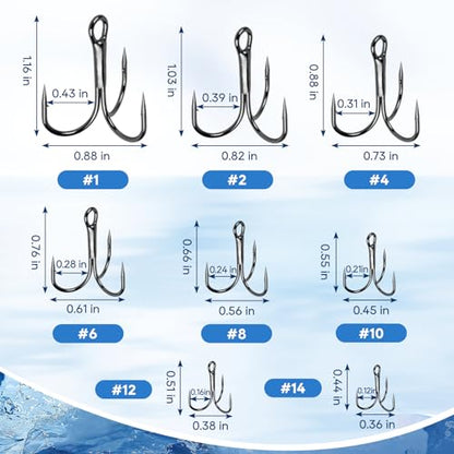 UCEC Fishing Hooks Treble Hooks Kit for Saltwater Freshwater, High Carbon Steel Strong Sharp Round Bend for Catfish Trout Hard Baits Lures, Size #1#2#4#6#8#10#12#14 110/50/210 Pack with Split Rings - style: 110pcs, #1 #2 #4 #6 #8 #10 #12 #14