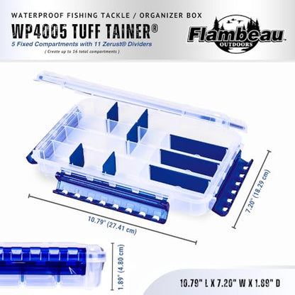 Flambeau Outdoors WP4005 Waterproof Fishing - Includes 11 Dividers, 16 Compartments, Waterproof Clear Fishing Lure Organizer, Ultimate Tuff Tainer with Zerust Dividers - 10.79" L x 7.20" W x 1.89" D - size: Standard - 16 Compartments