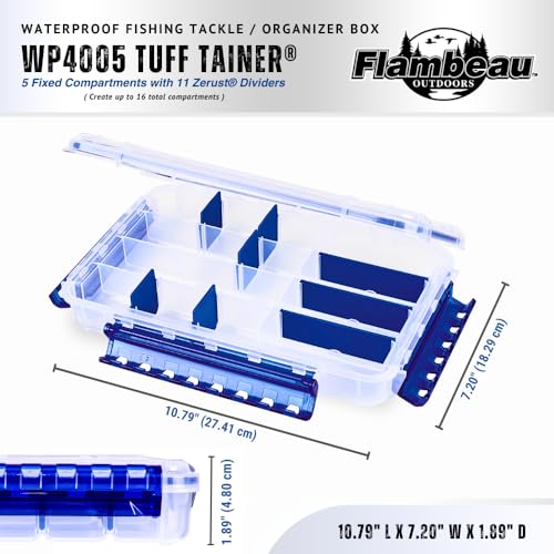 Flambeau Outdoors WP4005 Waterproof Fishing - Includes 11 Dividers, 16 Compartments, Waterproof Clear Fishing Lure Organizer, Ultimate Tuff Tainer with Zerust Dividers - 10.79" L x 7.20" W x 1.89" D - size: Standard - 16 Compartments