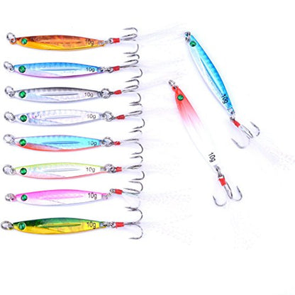 Aorace 10pcs Hard Metal Jigs Diving Sea Fishing Lures Minnow Popper Baits Tackle Crankbait Saltwater Freshwater Lures with Feather - color: 10pcs 5.5cm/10g