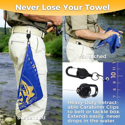 2PCS Fishing Towel, 25.5" X9.8", Microfiber | Built-in Ruler and Retractable Carabiner Clip, Premium Microfiber Towel , Bass Accessories, Fishing Gifts for Men Dad