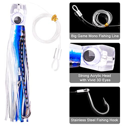Saltwater Fishing Lures 6/9inch Trolling Lures for Marlin Mahi Tuna Dolphin Shark Big Game Deep Sea Fishing Baits Squid Skirts Rigged Hooks Ocean Gear Tackle - color: Blue-1pcs, size: 9inch