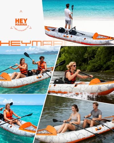 2 Person Inflatable Kayak Tandem Fishing Kayak for Adults, Portable Touring Kayak Canoe with Dual Floats, Drop-Stitch Floor and Fish Measuring Ruler, 12.5 FT - style: Rod Holder Included