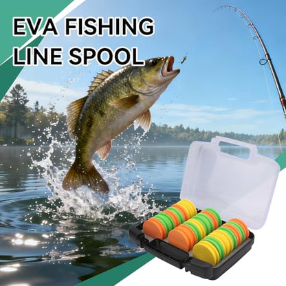 HERCHR 24PCS 68mm Round Fishing Line Foam Spools, Fishing Rigs Spools Foam Boards Fishing Line Storage Holder with Storage Box Fishing Winding Boards Fishing Line Spooler Winder