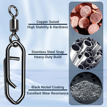 AMYSPORTS High Strength Saltwater Barrel Swivels Fishing Tackle Stainless Steel Line Connector Fishing Snaps Swivel Change Quick Fishing Clips Snap Black Nickel - size: Size 2+L (81lb) 50 pcs