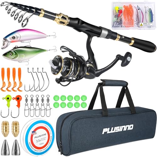 PLUSINNO Fishing Rod and Reel Combo, Telescopic Fishing Pole Kit with Spinning Reel, Tackle Box, Fishing Lures and Travel Carrying Bag, Fishing Gear Gifts for Men - color: Full Kit with Carrier Case, size: 2.4M 7.87FT