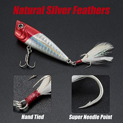 Alwonder 5-Pack Fishing Popper Lure, Fishing Top Water Lures Bass Lures Feathered Treble Hooks Rooster Tail Lure Plugs Hard Baits