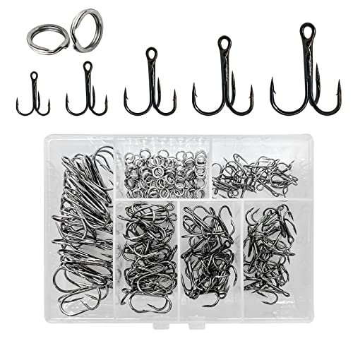 200 Pack Fishing Treble Hooks Kit High Carbon Steel Hooks Strong Sharp Round Bend with Split Rings for Lures Baits Saltwater Freshwater Fishing Size 2# 4# 6# 8# 10# - color: Mixed 200pcs