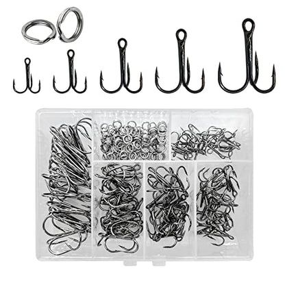 200 Pack Fishing Treble Hooks Kit High Carbon Steel Hooks Strong Sharp Round Bend with Split Rings for Lures Baits Saltwater Freshwater Fishing Size 2# 4# 6# 8# 10# - color: Mixed 200pcs